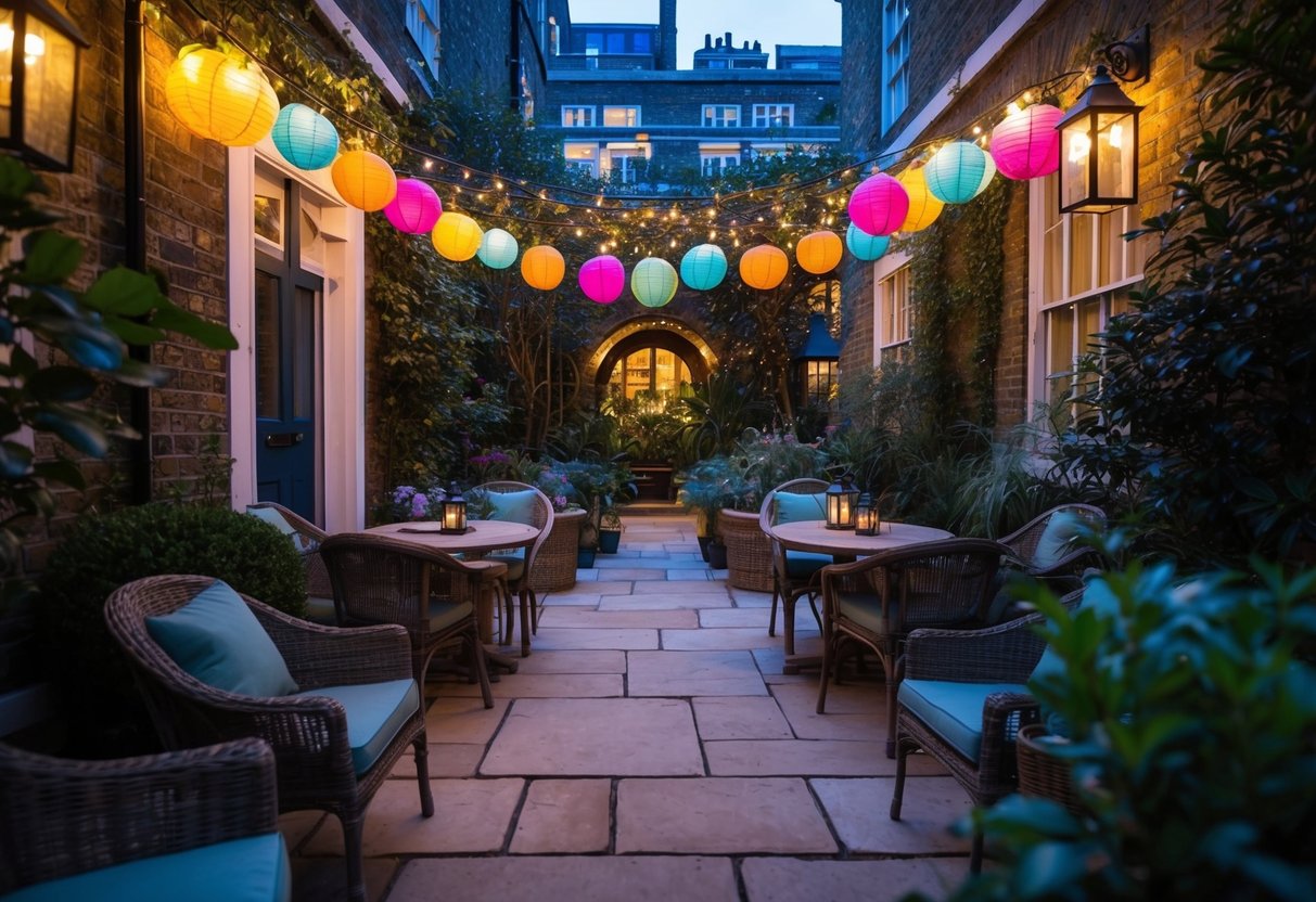 A cozy and whimsical garden courtyard, adorned with fairy lights and colorful paper lanterns, nestled within the heart of London's bustling cityscape