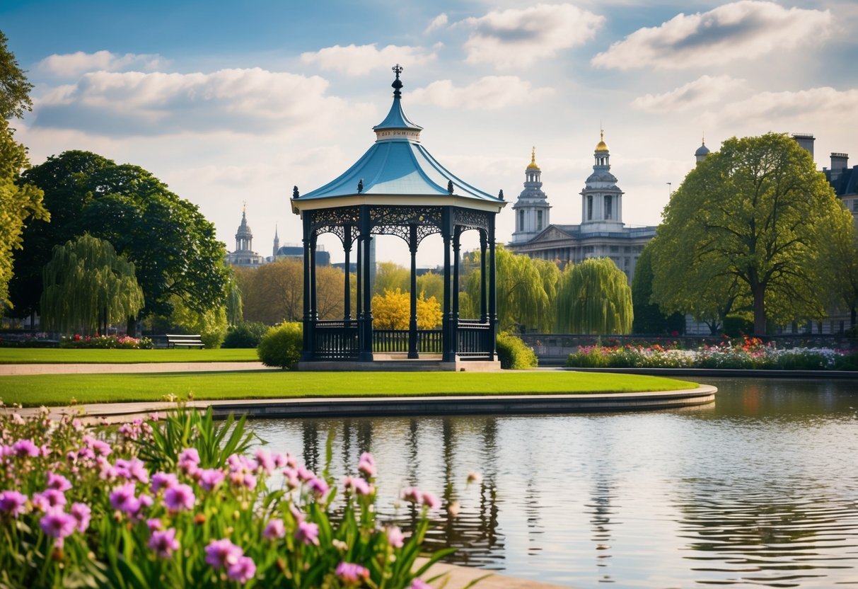 A charming London park with a gazebo, blooming flowers, and a serene pond, set against the backdrop of historic architecture
