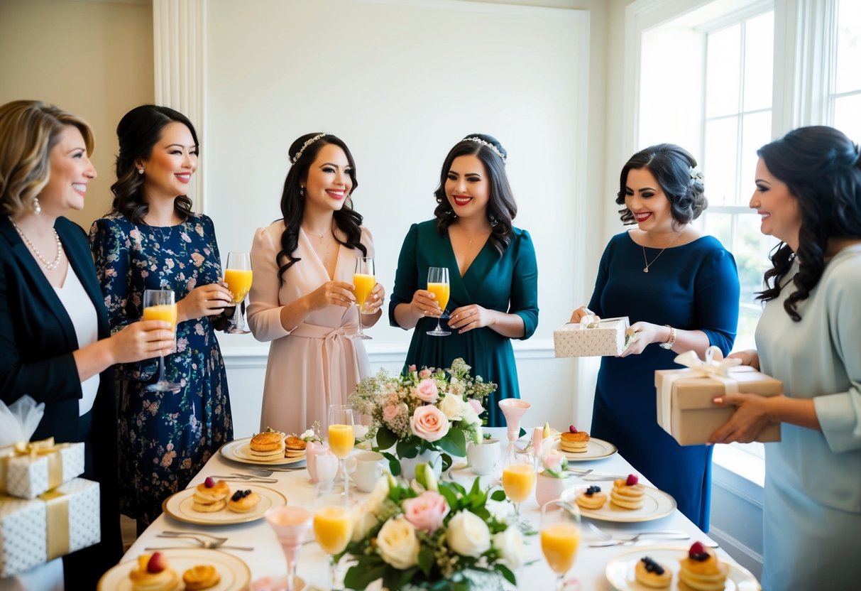 A group of women gather around a table adorned with flowers and elegant place settings, enjoying mimosas and pastries. Nearby, a bride-to-be unwraps gifts at her bridal shower