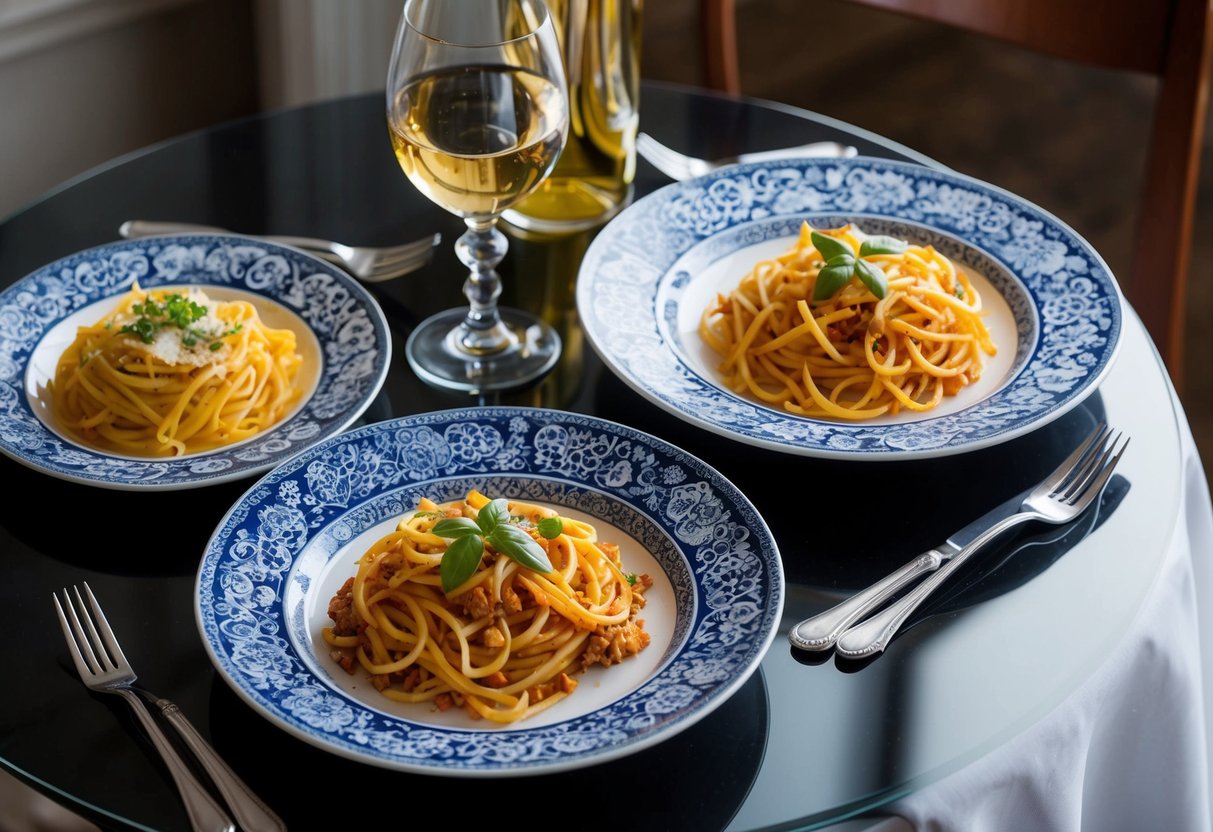 A beautifully set table with two plates of intricately decorated pasta dishes, each complementing the other in color and presentation
