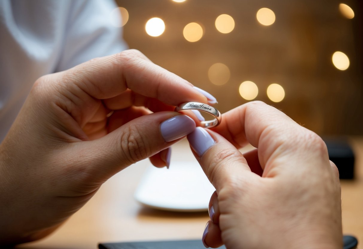 A woman's wedding ring being engraved with her new last name