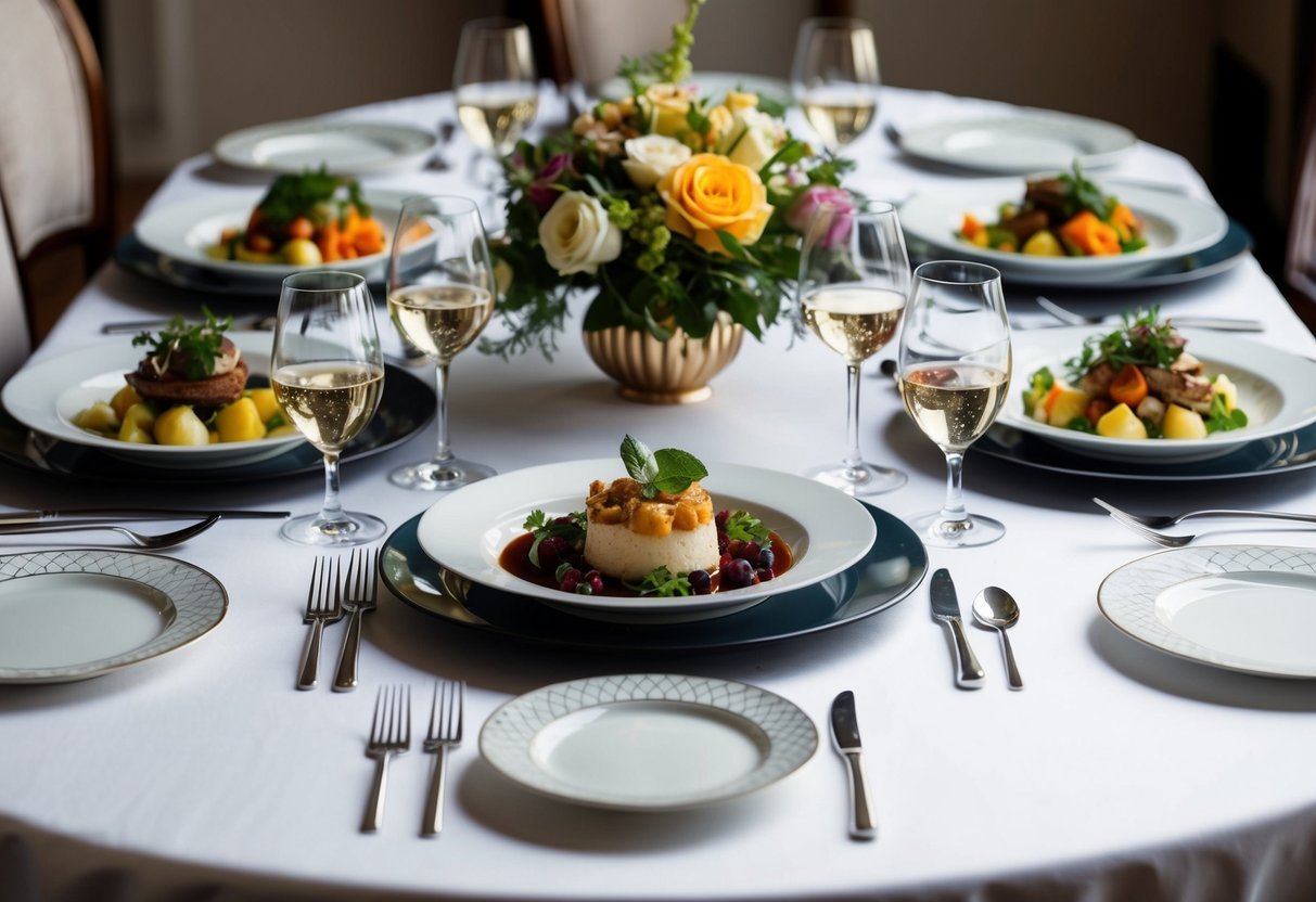 A beautifully set dining table with elegant place settings and a variety of gourmet dishes arranged on a white tablecloth