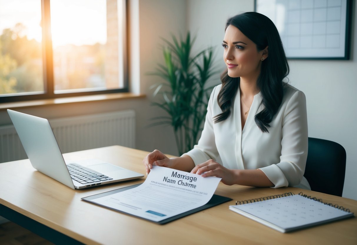 A woman sits at a desk with a marriage certificate, a laptop, and a calendar, contemplating the name change process in the UK