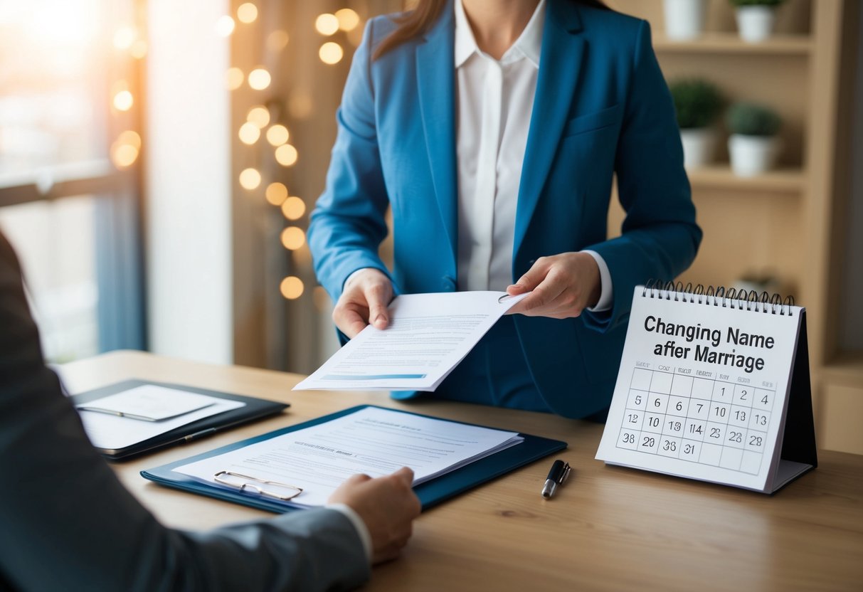 A person submitting documents to key institutions with a calendar showing a deadline for changing name after marriage in the UK