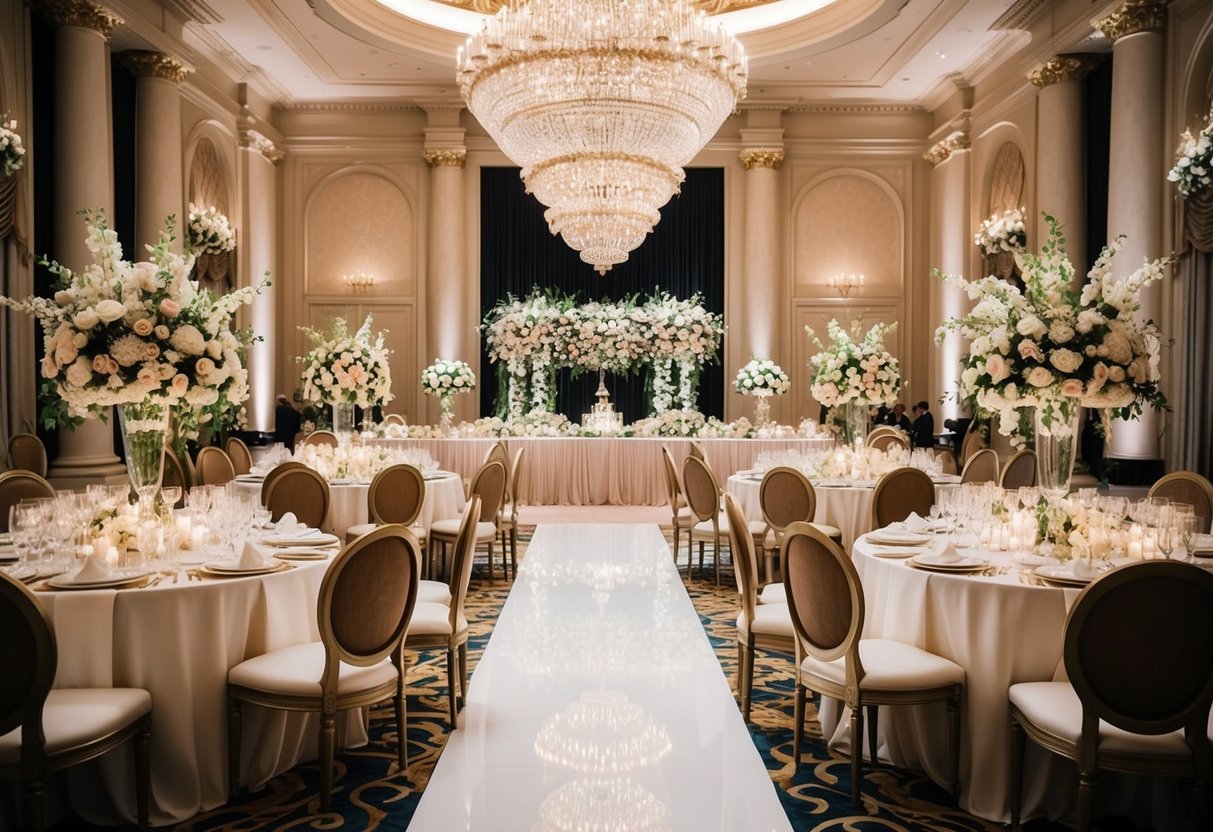 A lavish wedding with extravagant decor and a grand venue, complete with a luxurious banquet and elegant floral arrangements