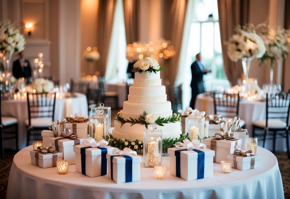 A beautifully decorated wedding reception with elegant gifts and contributions displayed on a table