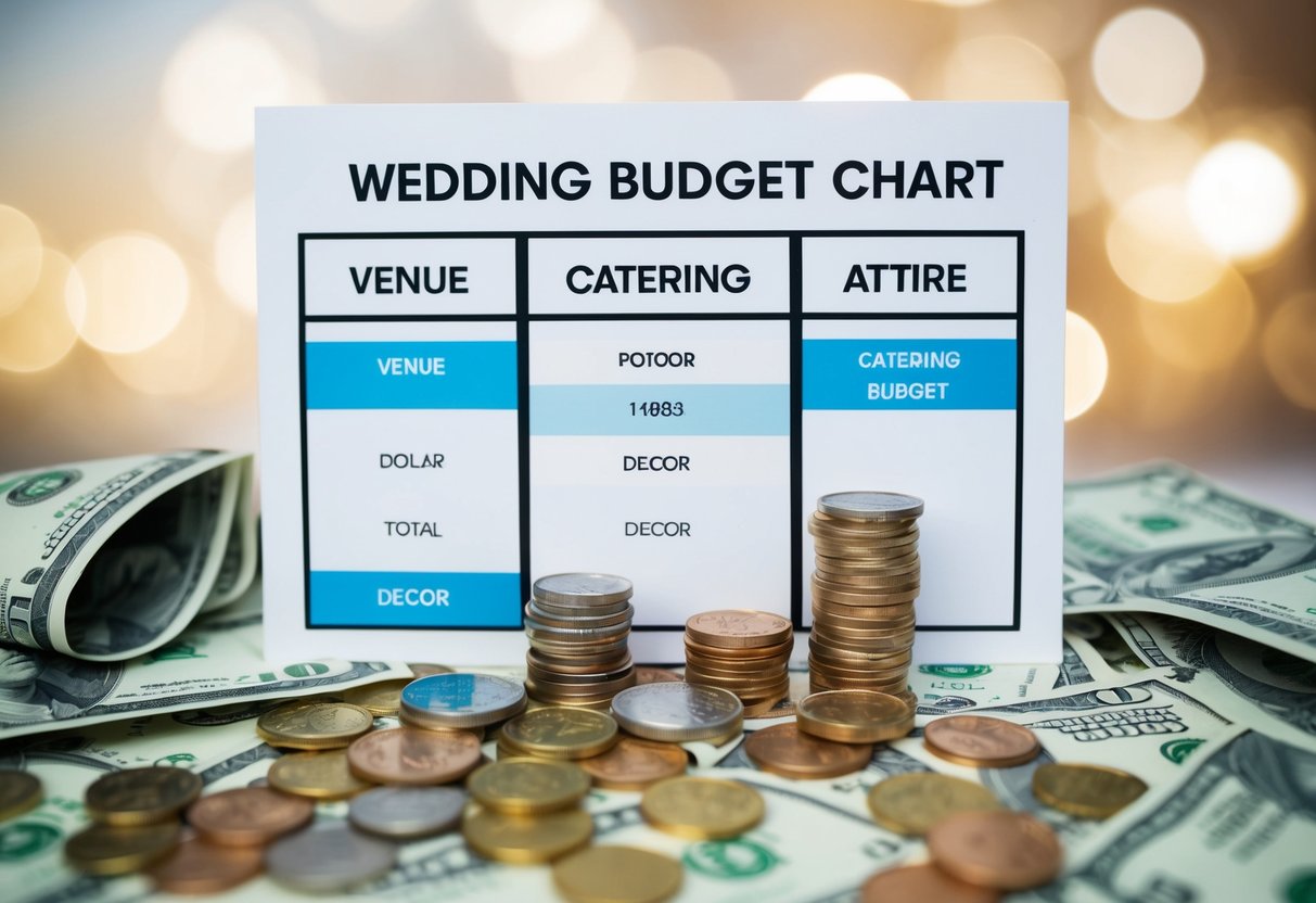 A wedding budget chart with categories for venue, catering, attire, and decor, surrounded by scattered dollar bills and coins