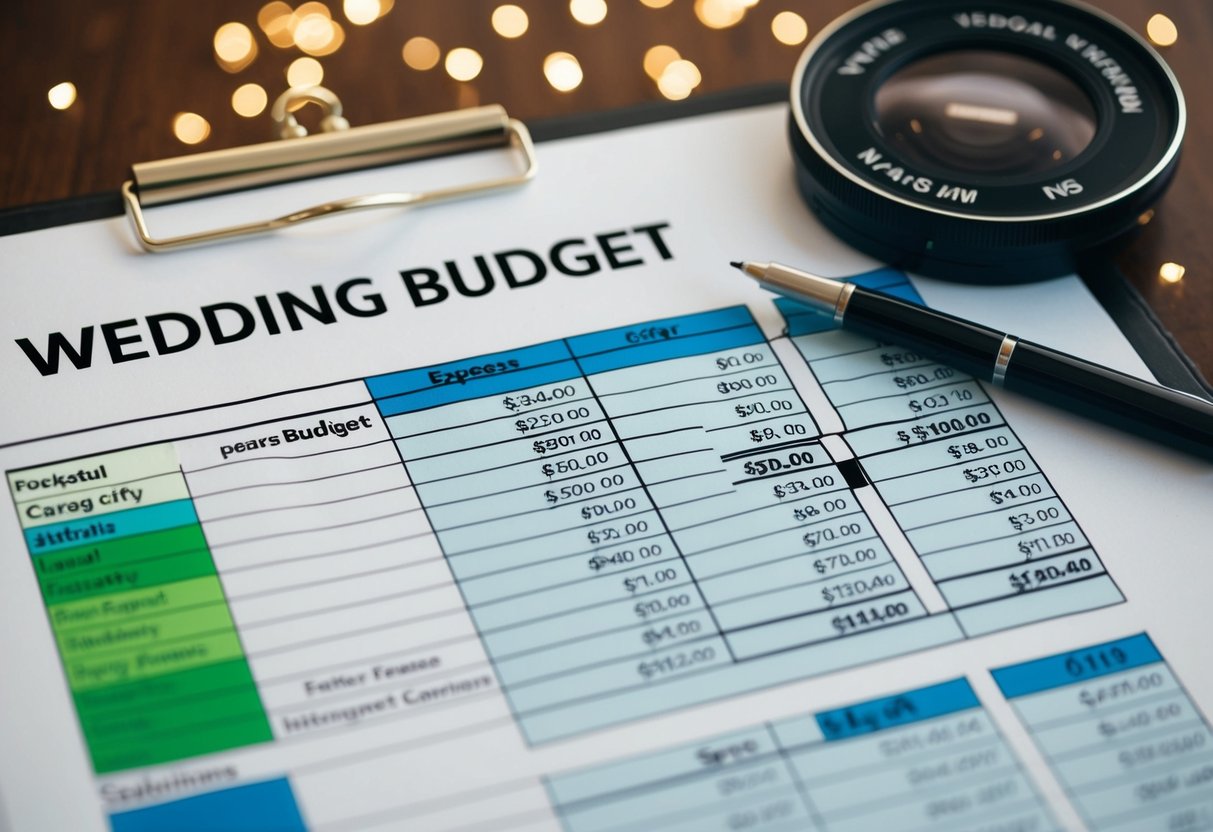 A wedding budget spreadsheet with various expense categories and dollar amounts