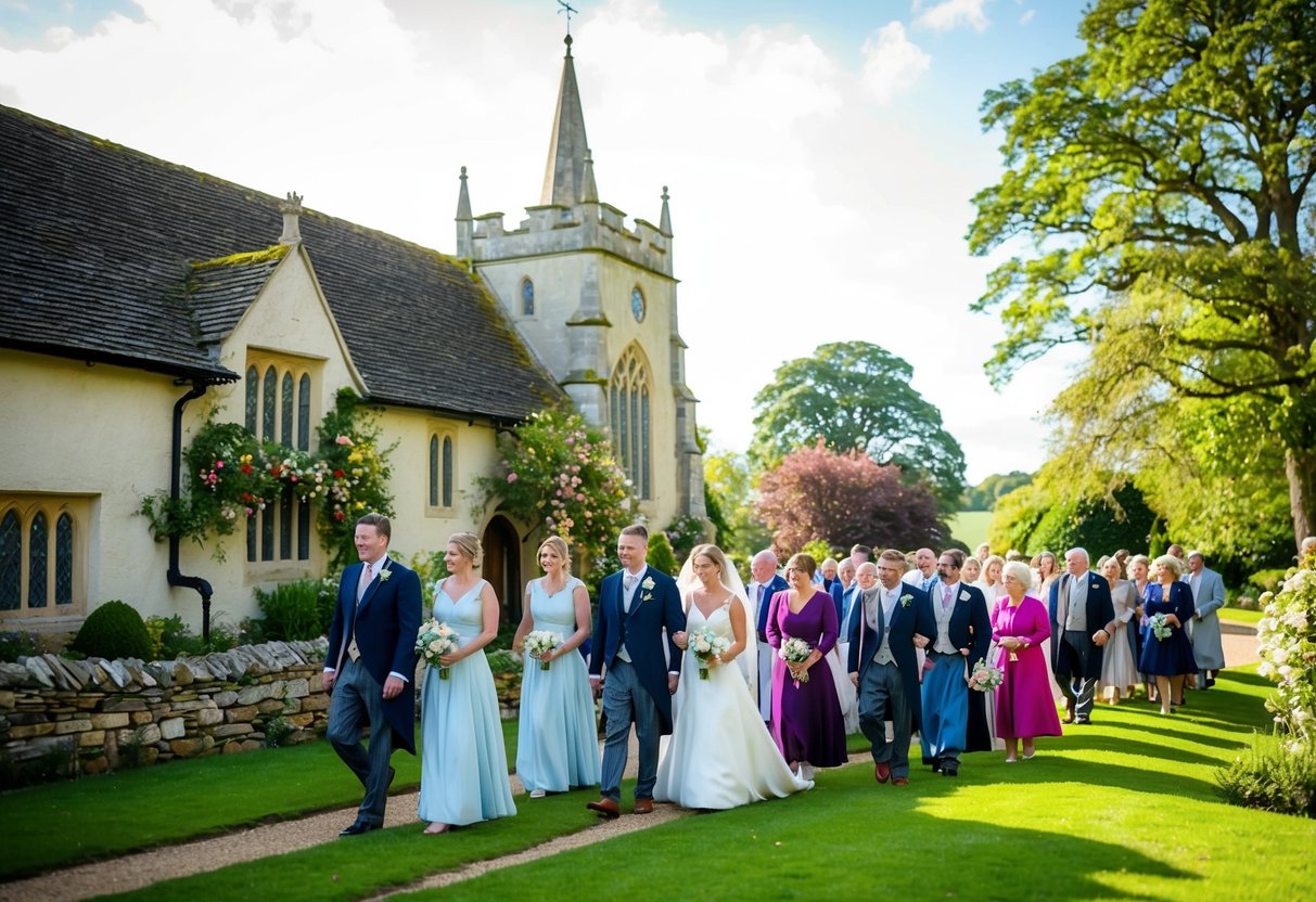 A traditional British wedding morning: a quaint countryside church, adorned with flowers, as guests arrive in elegant attire