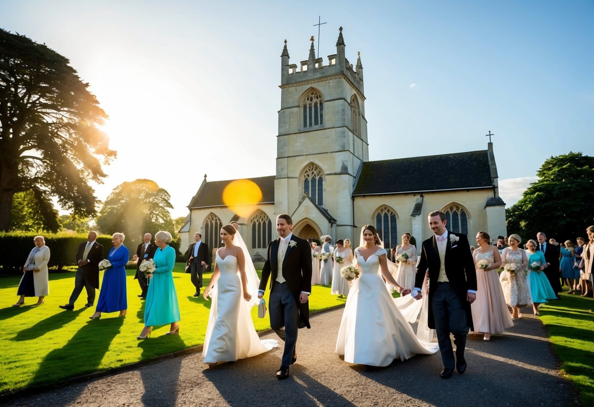 A traditional British morning wedding: a historic church bathed in golden sunlight, with guests arriving in elegant attire