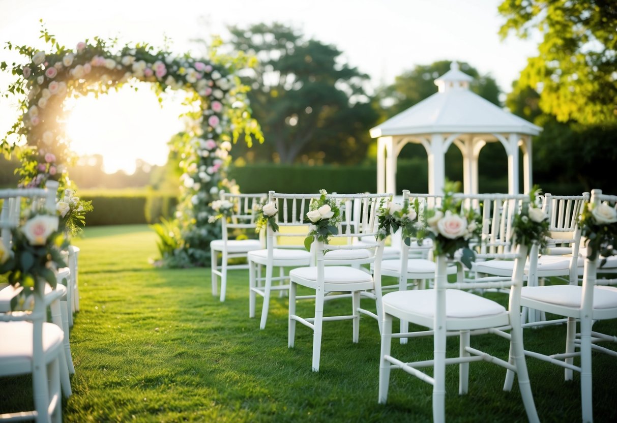 A sunlit garden with a floral arch, white chairs, and a gazebo for a morning wedding ceremony