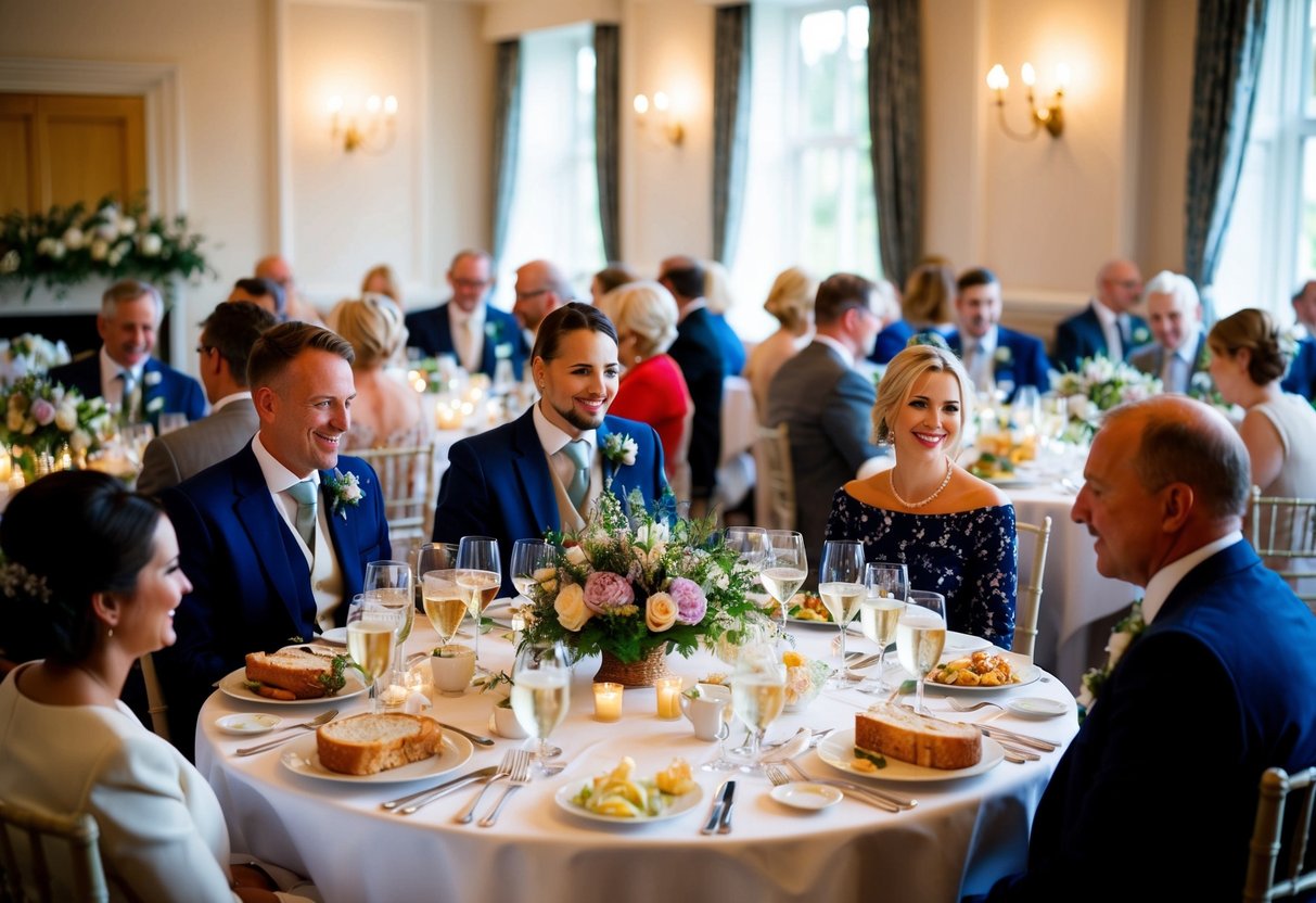 A traditional British wedding breakfast and reception taking place in the morning, with guests gathered around tables adorned with elegant floral centerpieces and enjoying a celebratory meal
