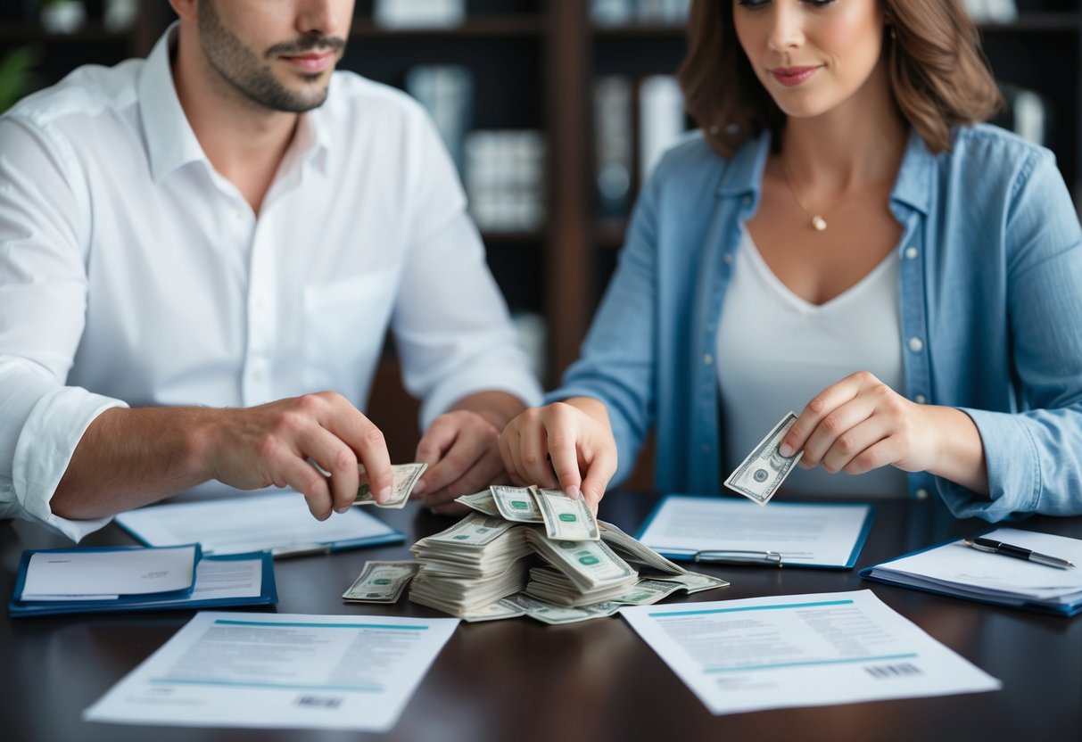 A couple sits at a table, dividing a pile of money and financial documents. They each have a serious expression as they discuss their shared expenses and savings