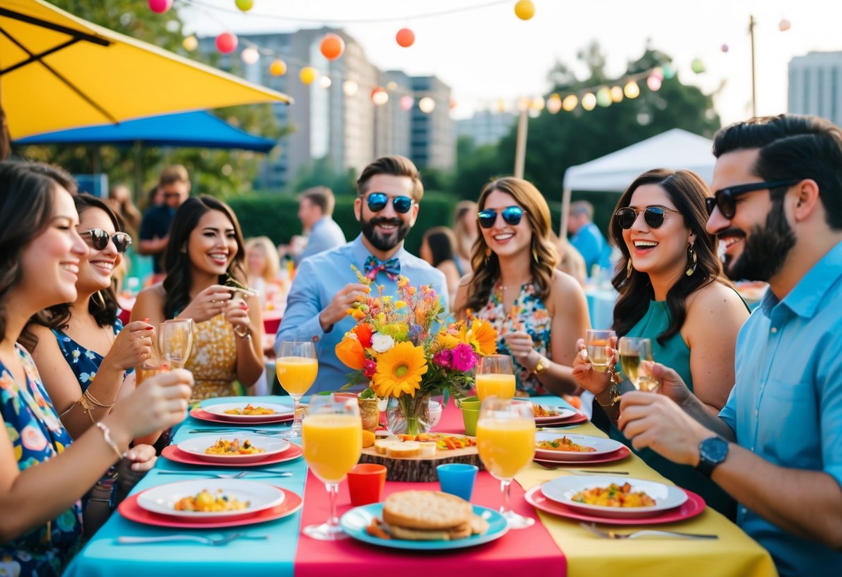 A colorful outdoor brunch with live music, games, and a photo booth