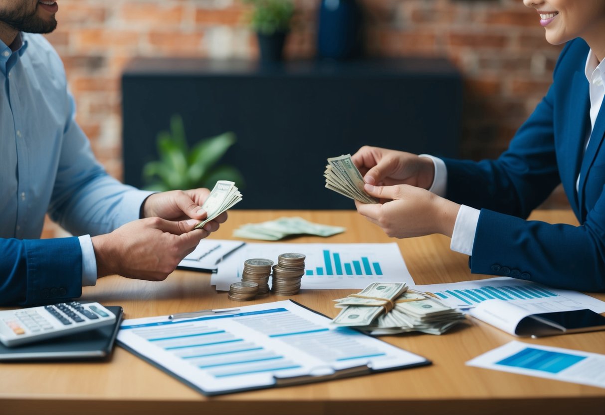 A couple sits at a table, dividing money into separate piles. A budget spreadsheet and financial documents are spread out in front of them