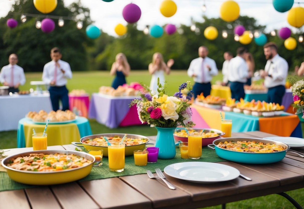 A colorful outdoor wedding breakfast with lively music, playful decor, and interactive food stations creates a fun and memorable atmosphere