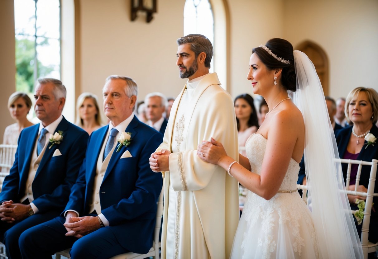 A figure stands at the bride's side, symbolizing support and guidance, while the divorced parents look on from separate seats
