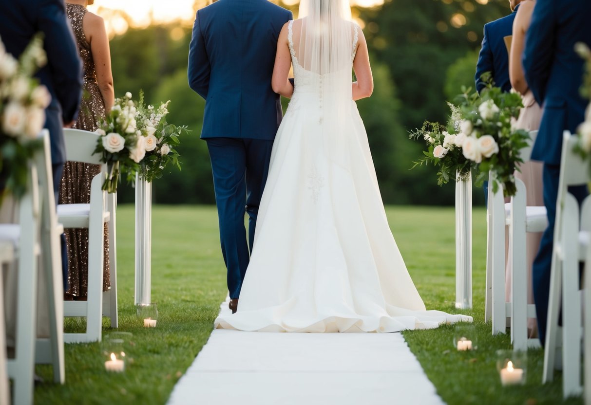 A figure stands alone at the end of the aisle, symbolizing the bride's independence and strength as she walks towards her future