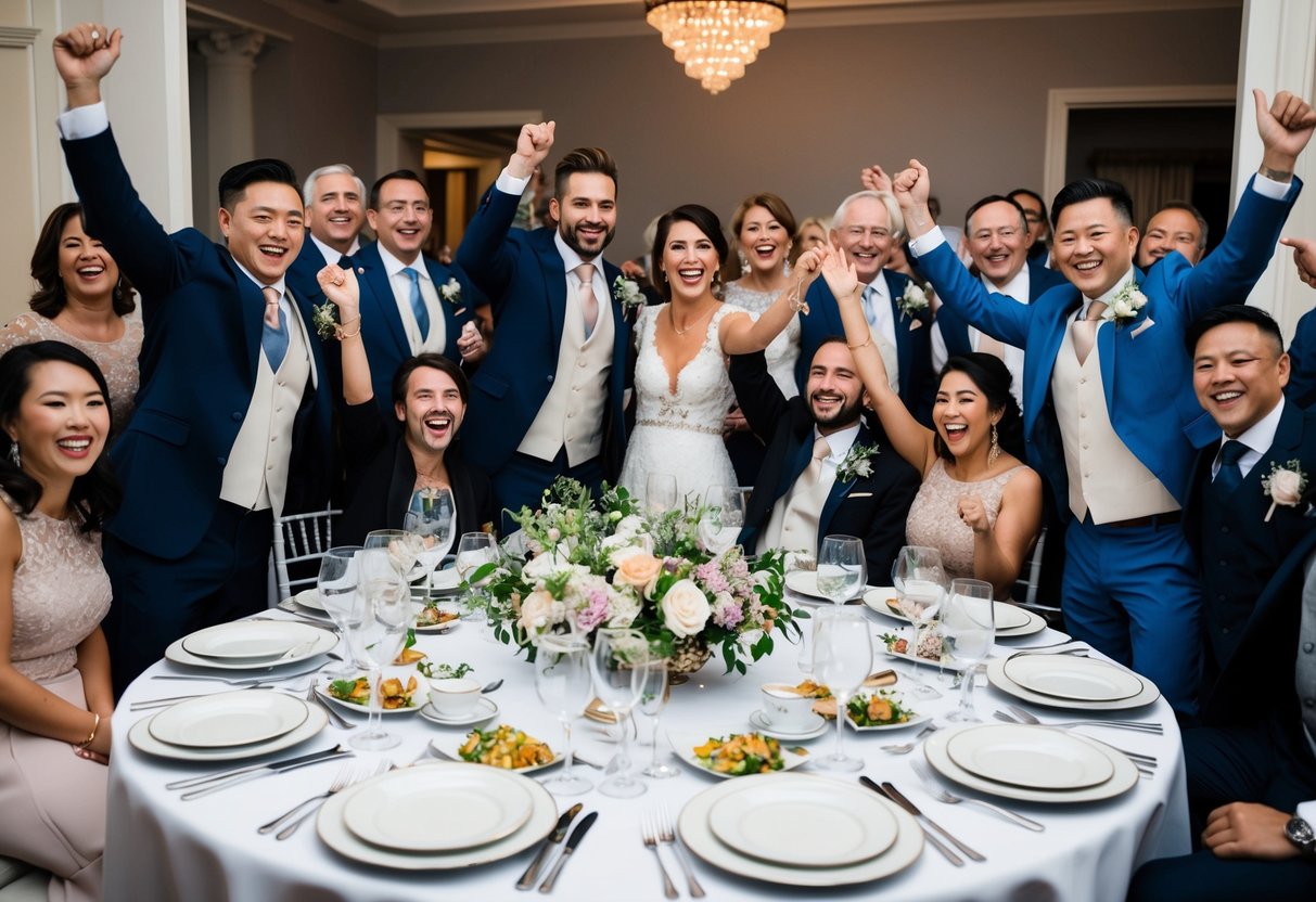 A table set with elegant dishes and flowers, surrounded by joyful guests in formal attire, celebrating the union of a newlywed couple
