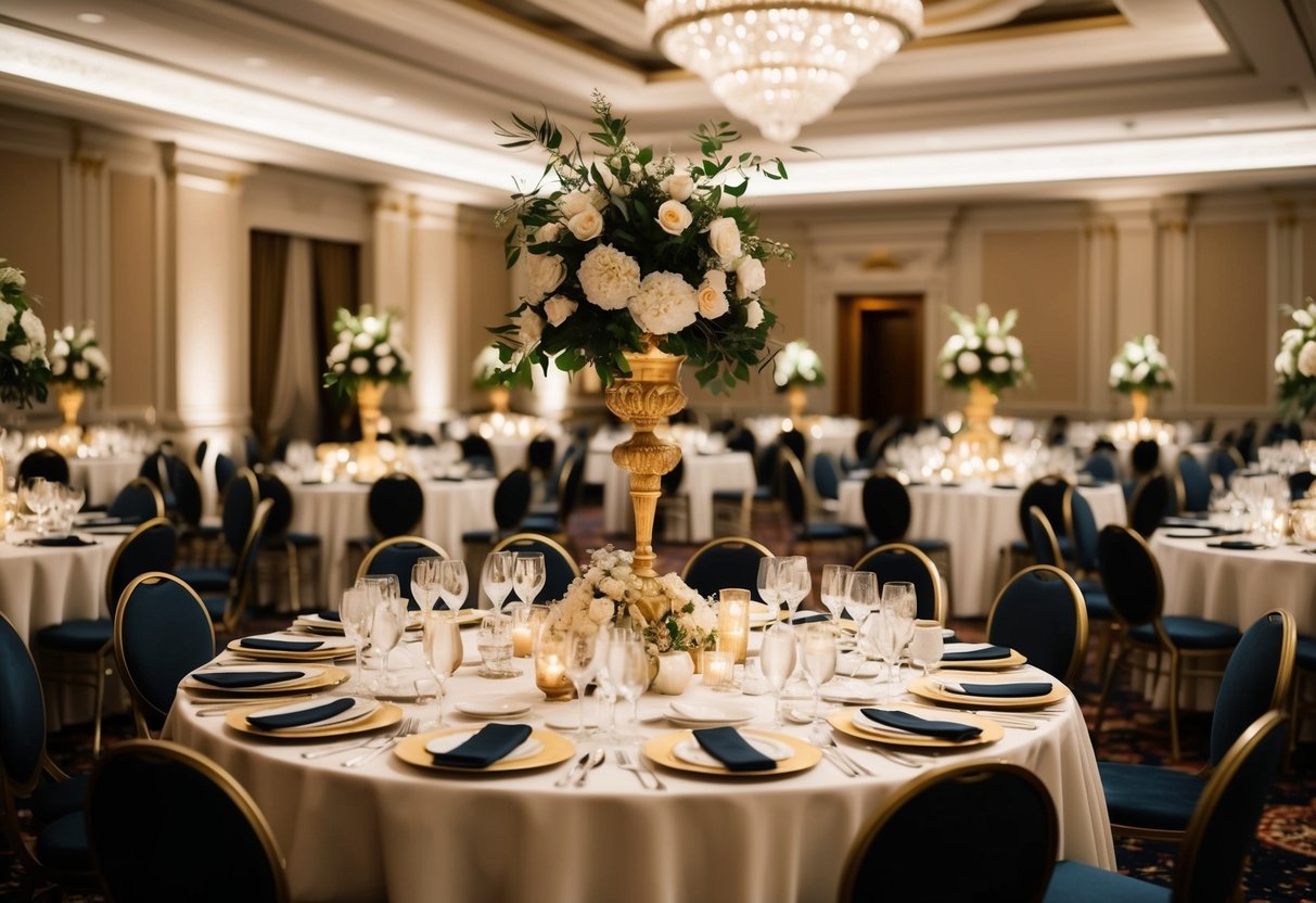A grand banquet table set with elegant place settings, adorned with a lavish spread of dishes and ornate centerpieces