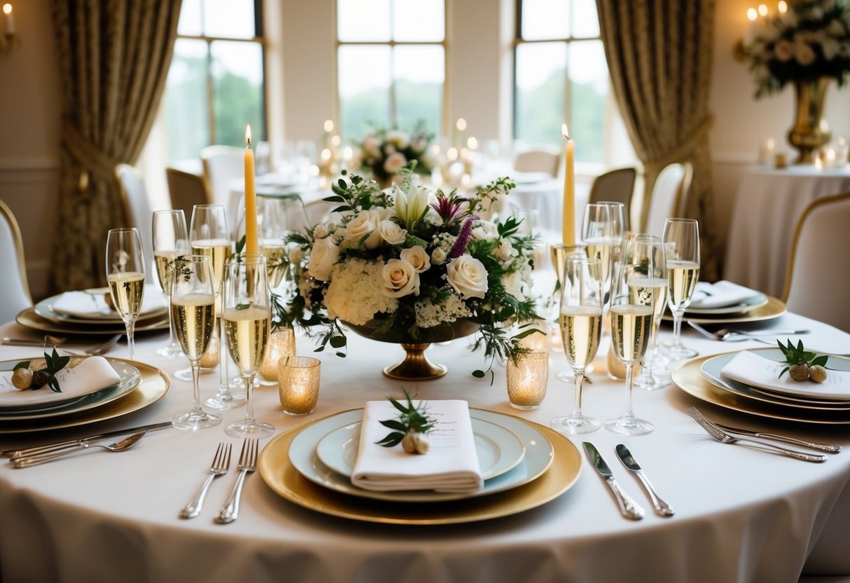 A lavish table set with elegant dishes and champagne glasses, adorned with flowers and candles, awaits the newlywed couple at their wedding breakfast