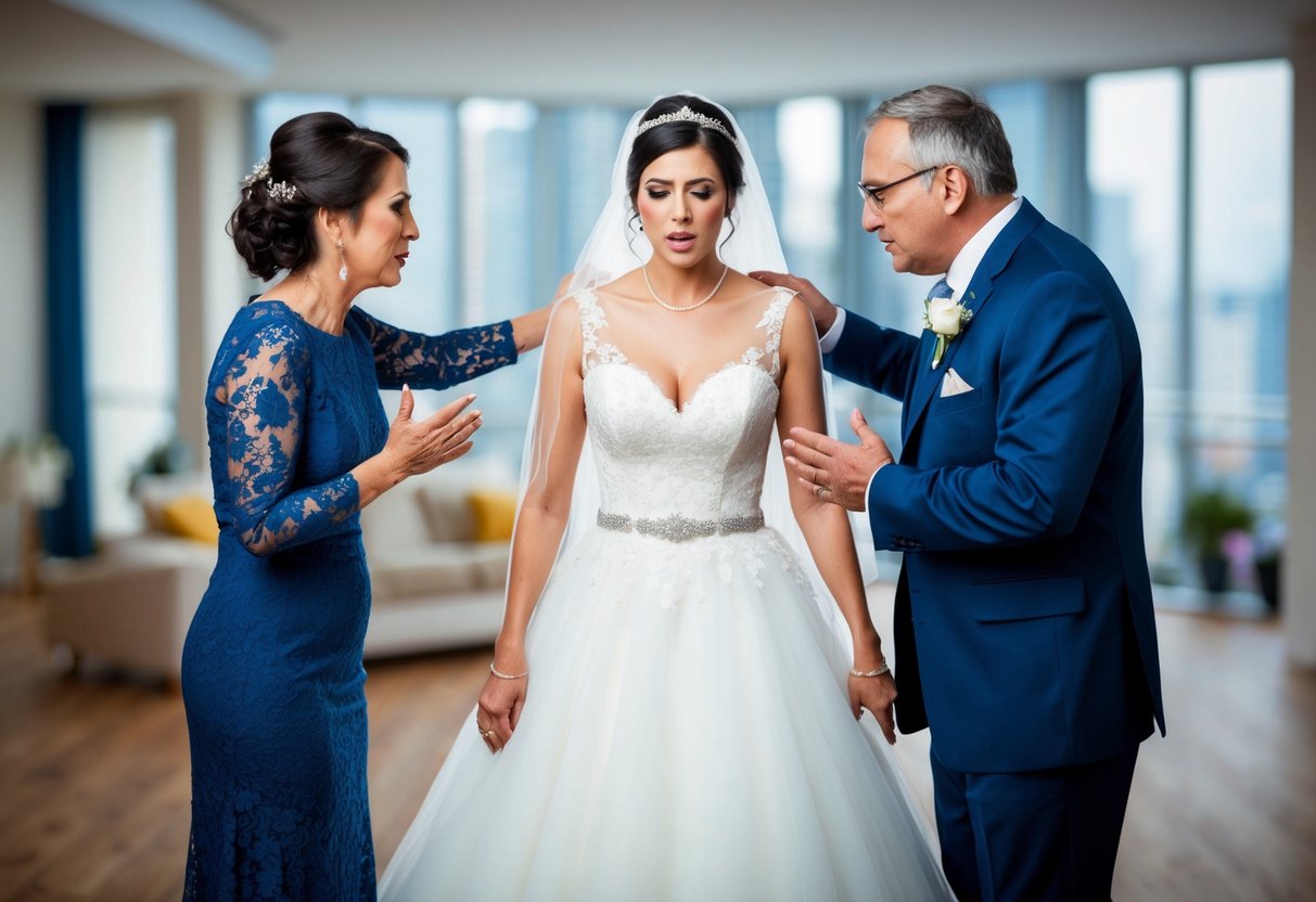 A bride stands between her divorced parents, each reaching out to her with a mix of emotions - pride, sadness, and love
