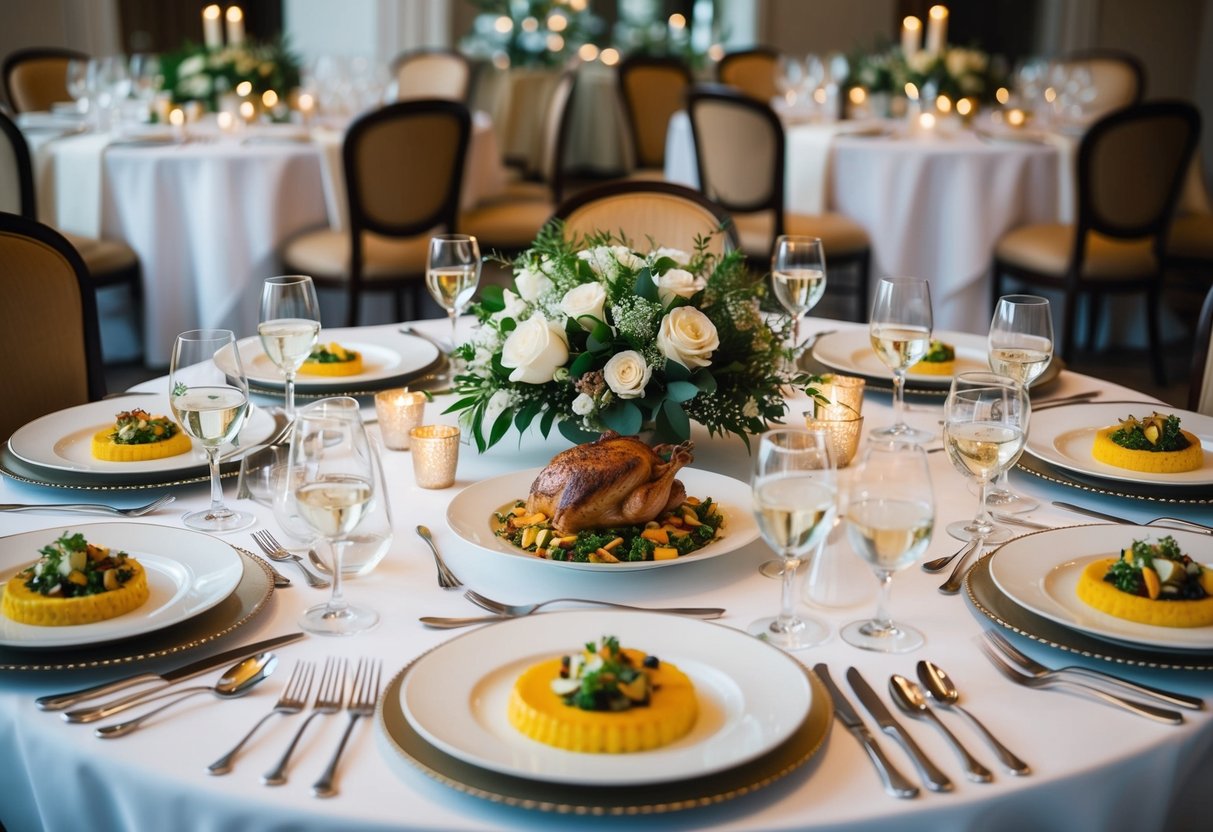 A beautifully set table with elegant place settings and a lavish spread of food, including a main course dish served at a wedding celebration