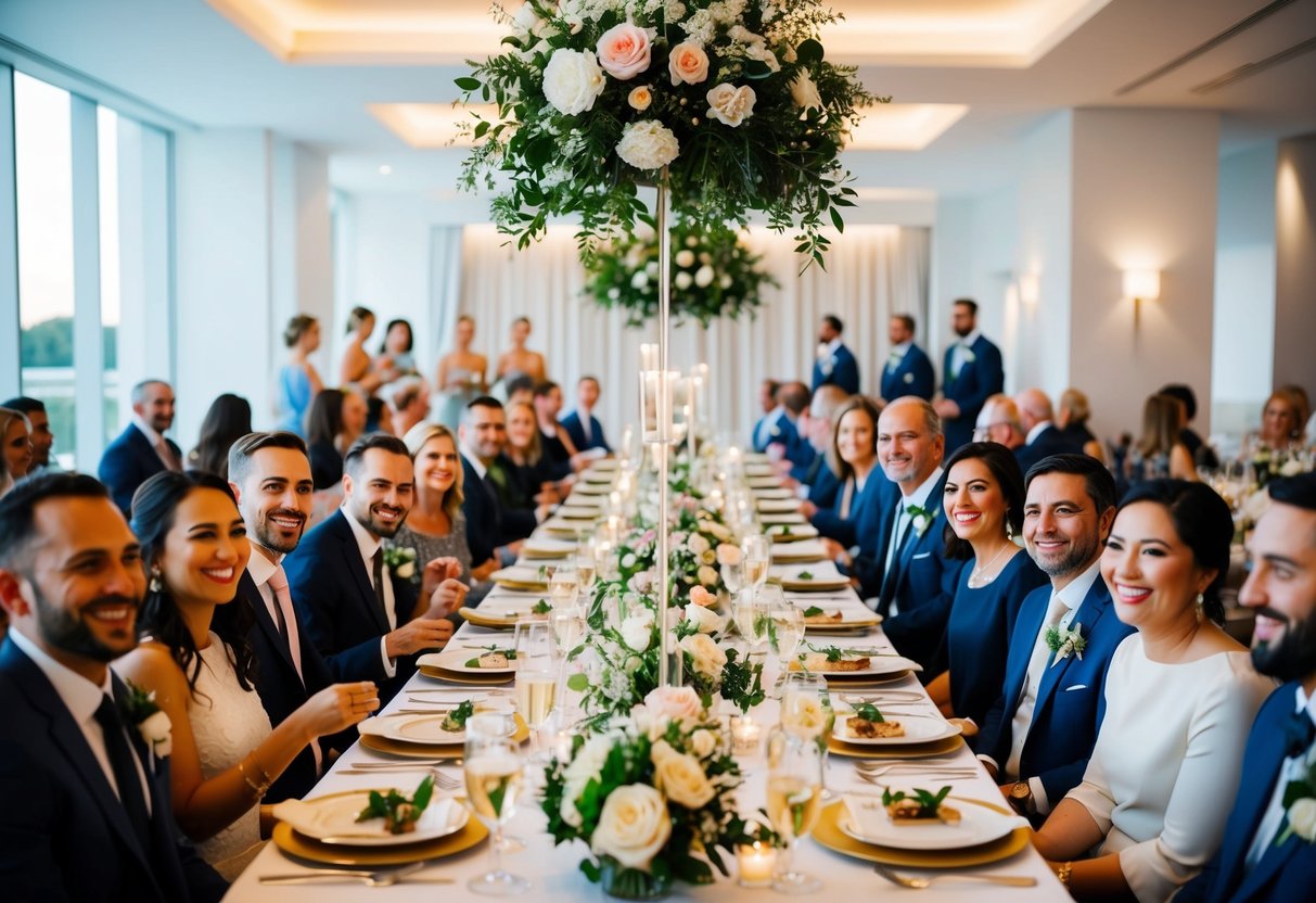 A beautifully set table with elegant place settings and floral centerpieces, surrounded by happy guests enjoying a delicious meal in a modern wedding celebration