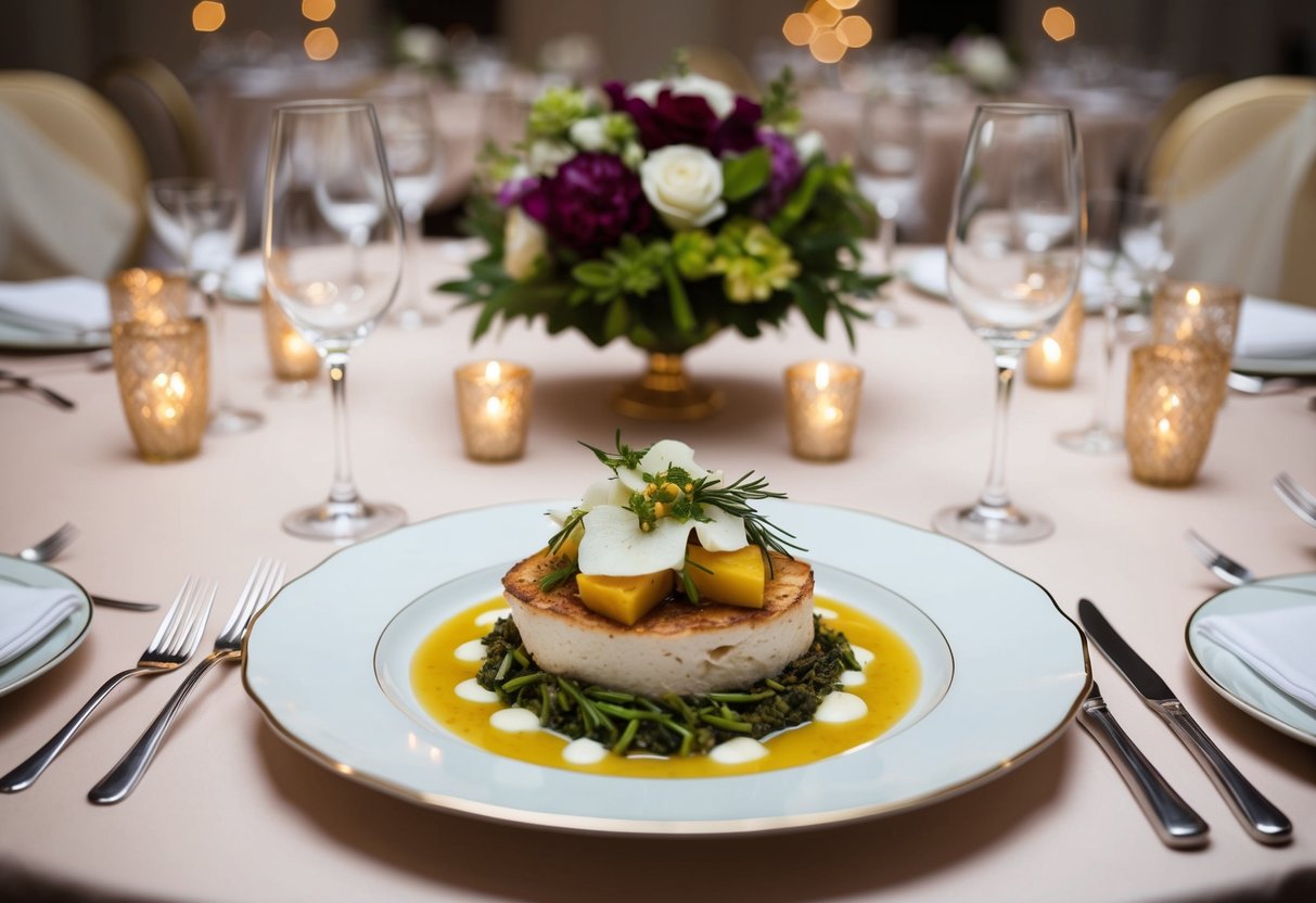 A beautifully arranged plate of the main wedding meal, surrounded by elegant table settings and decorative centerpieces