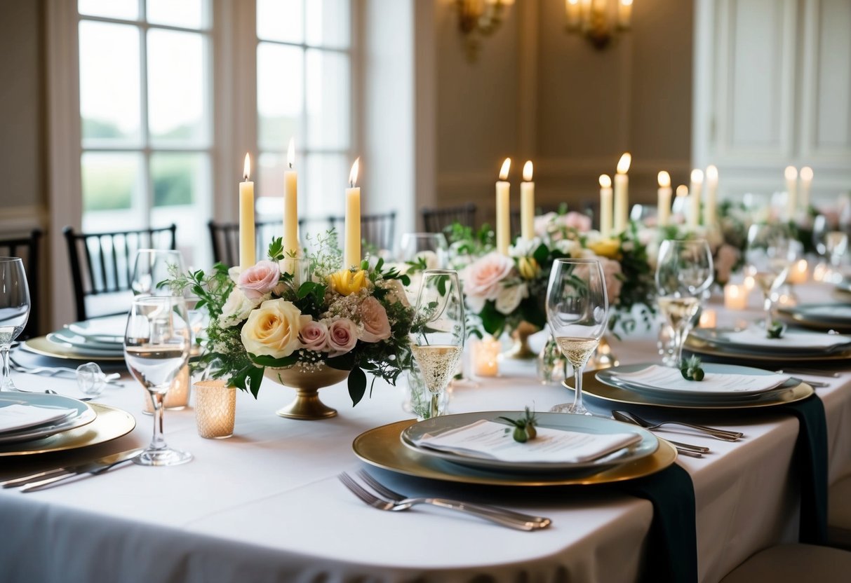 A beautifully set table with elegant place settings, adorned with flowers and candles, awaits the guests for the wedding breakfast