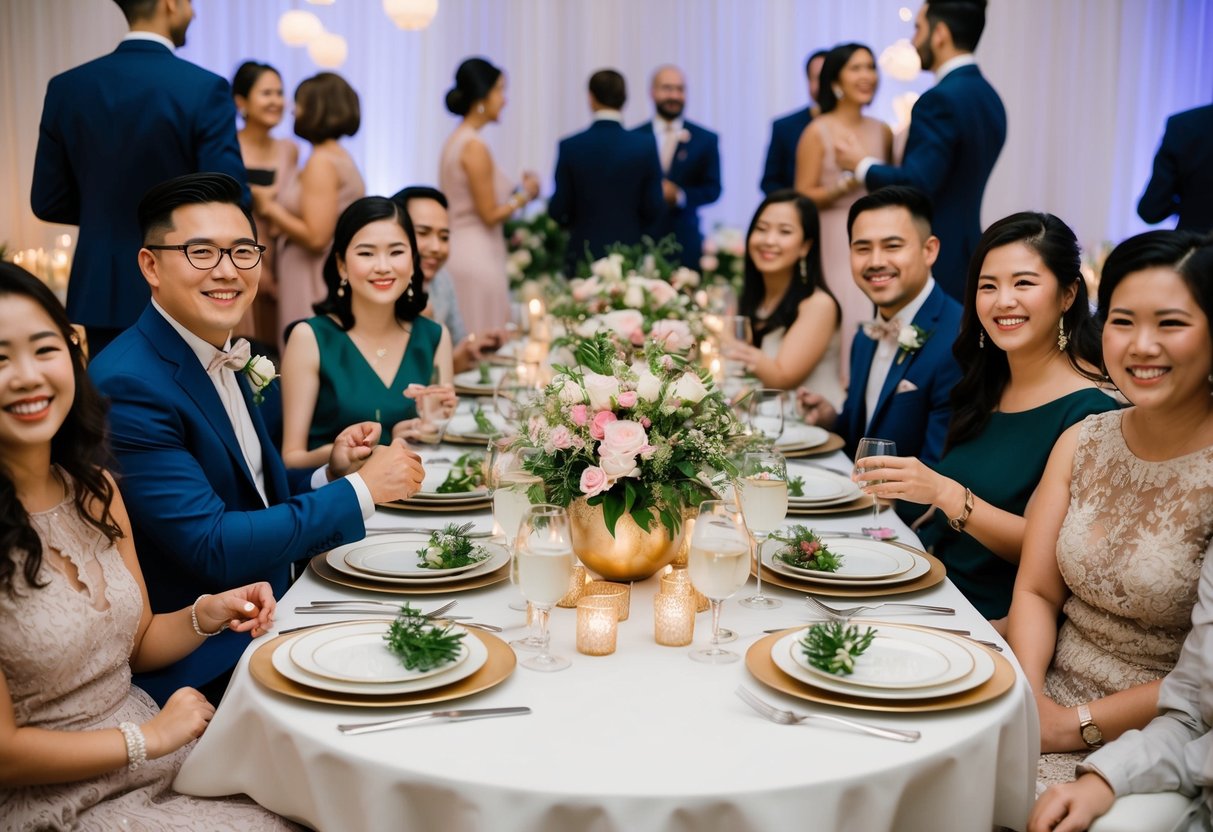 A festive table set with elegant dinnerware and floral centerpieces, surrounded by happy guests mingling and enjoying a pre-wedding celebration