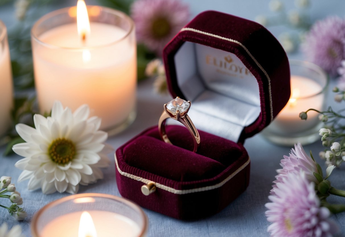 A ring displayed on a velvet cushion, surrounded by soft candlelight and delicate flowers