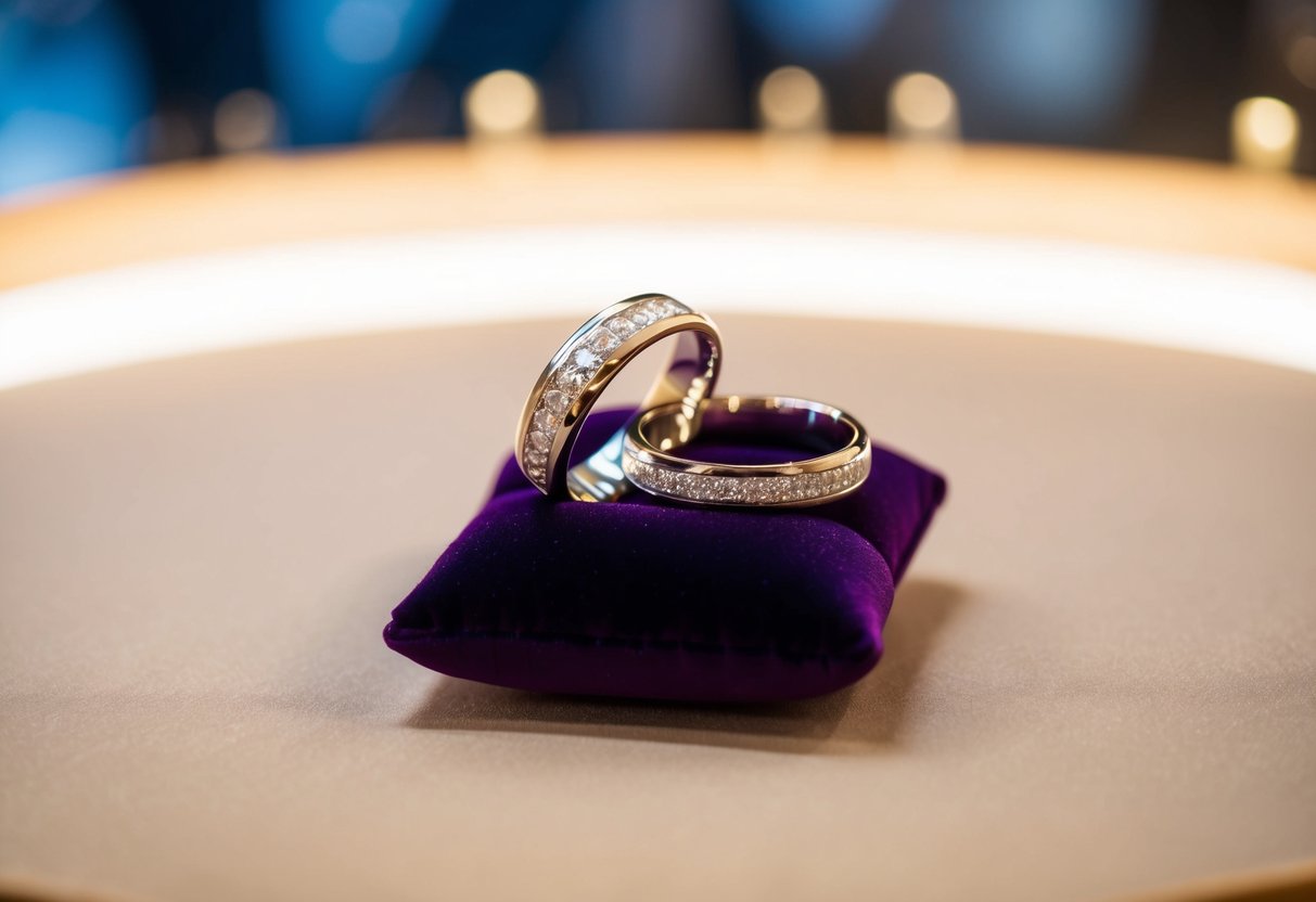A wedding band sits next to a wedding ring on a velvet cushion, both gleaming in the soft light of a jewelry display