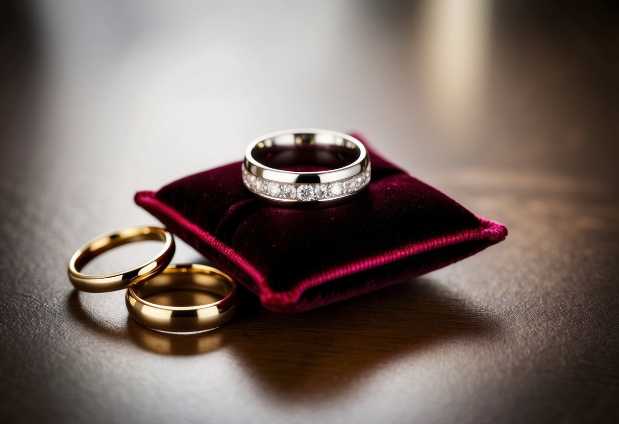 A wedding band resting on a velvet cushion, with two smaller rings flanking it, symbolizing the historical significance of the three rings in marriage
