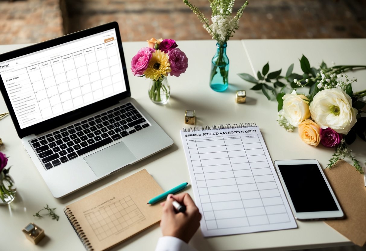A table with a calendar, pen, and checklist. Flowers and decorations scattered around. A laptop open to a wedding planning website