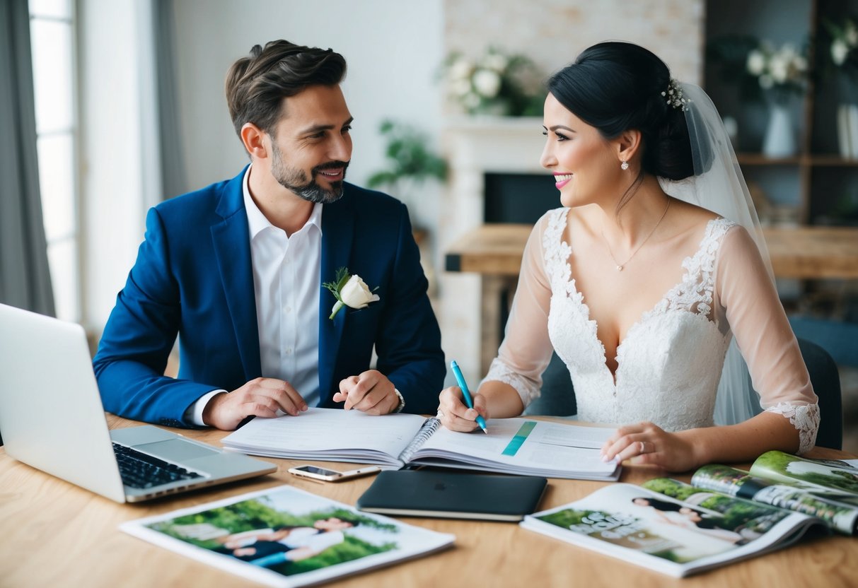 A couple sits at a table with a notebook and pen, surrounded by wedding magazines and a laptop. They discuss and plan their wedding vision and budget