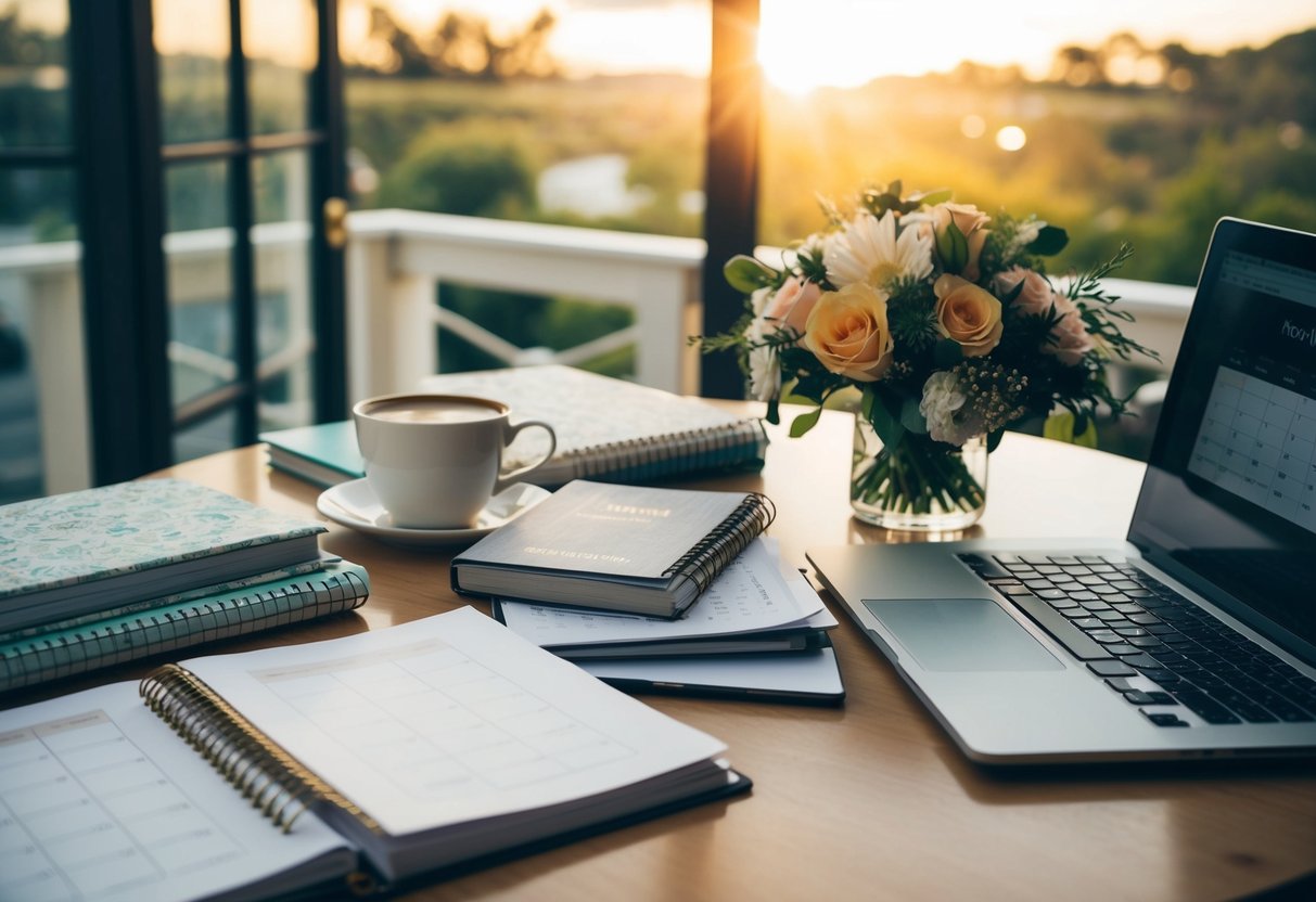 A table covered in wedding planning books, a calendar, and a laptop, with a cup of coffee and a bouquet of flowers nearby