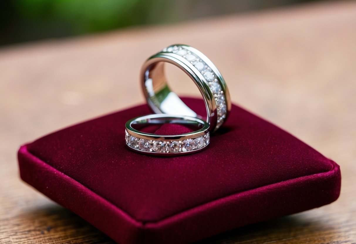 A wedding ring and band displayed on a velvet cushion