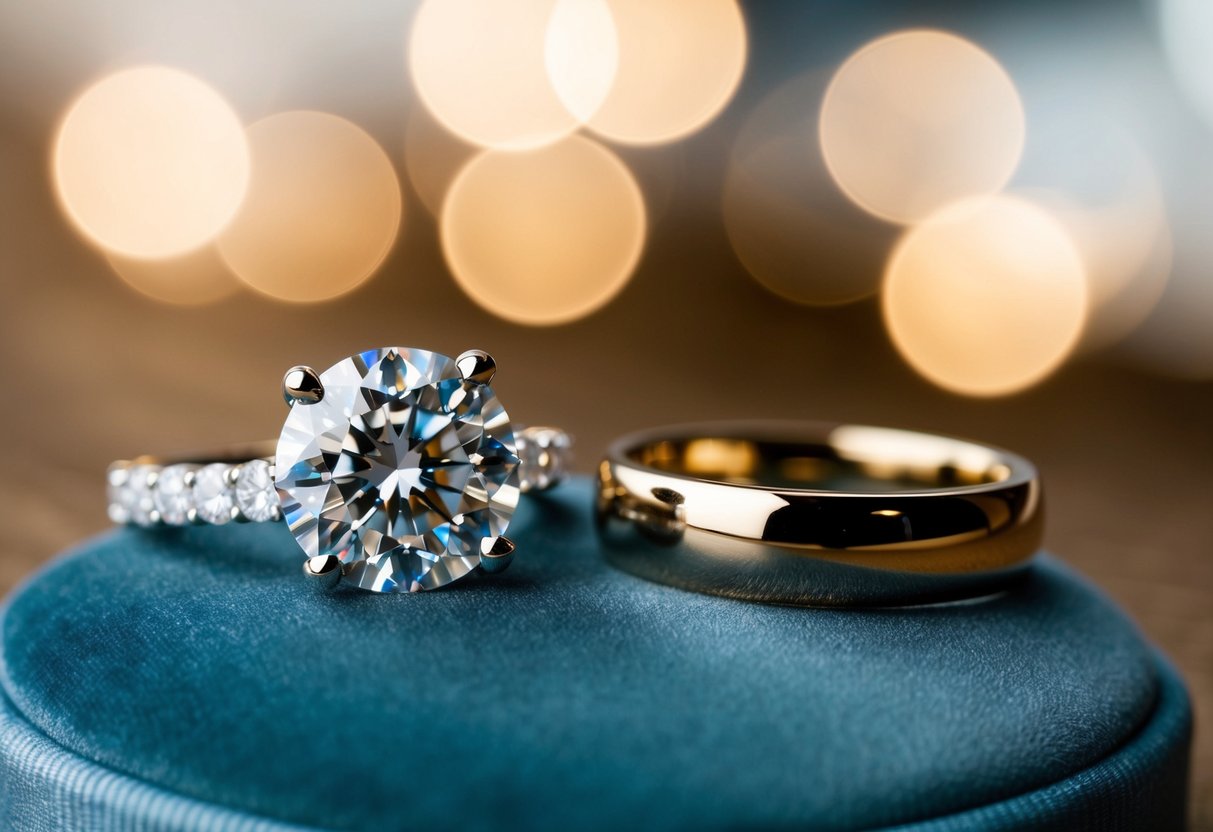 A diamond engagement ring and a gold wedding band displayed side by side on a velvet cushion