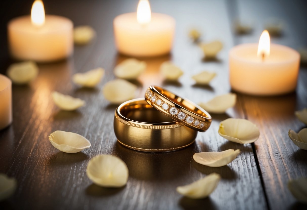A gold wedding band rests on a wooden table, surrounded by scattered flower petals and soft candlelight