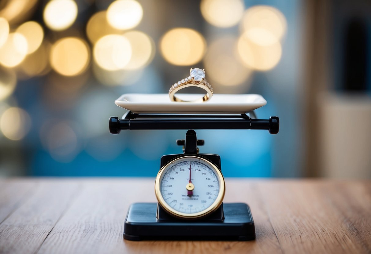 A jeweler's scale comparing the weight of a wedding band and an engagement ring