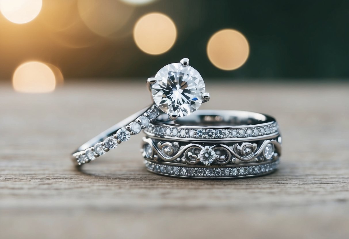 A sparkling engagement ring overshadowed by a larger and more ornate wedding band, causing a debate about their relative value