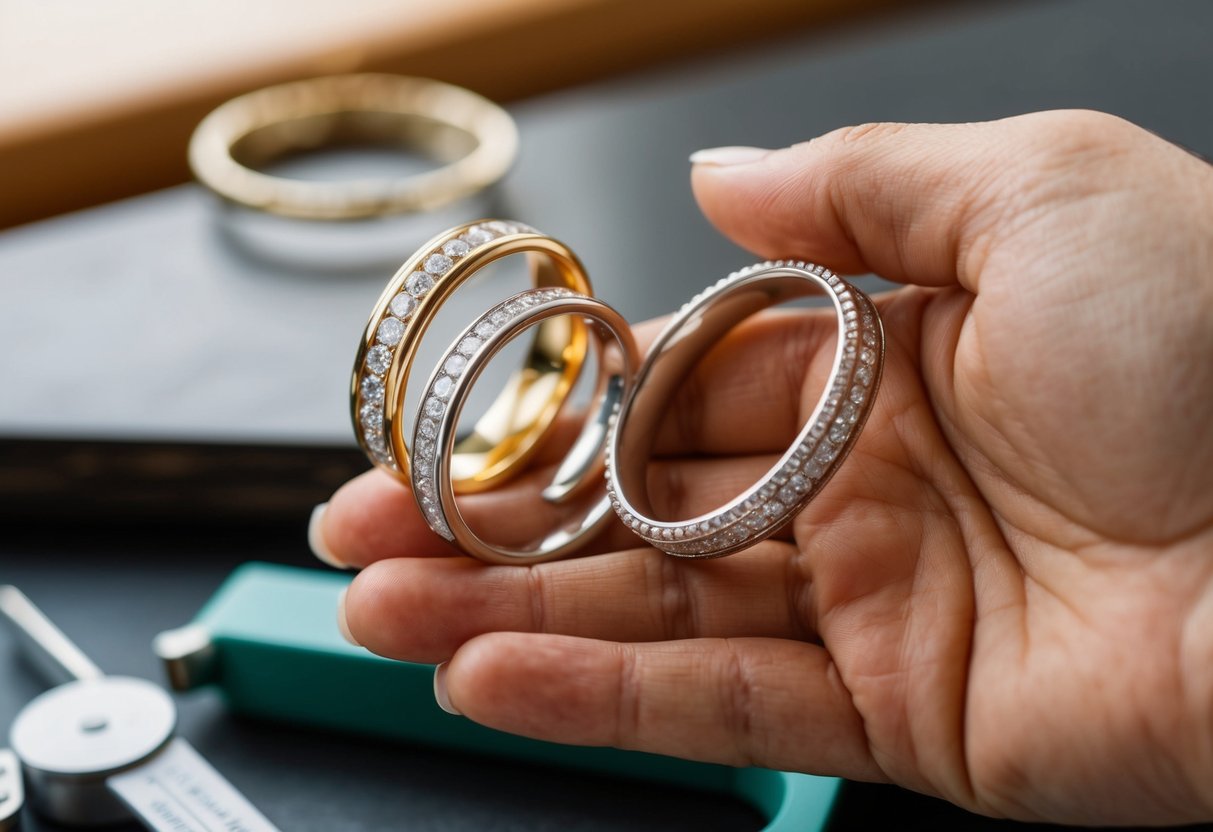 A hand holding two wedding bands, one larger and one smaller, with a jeweler's measuring tool nearby