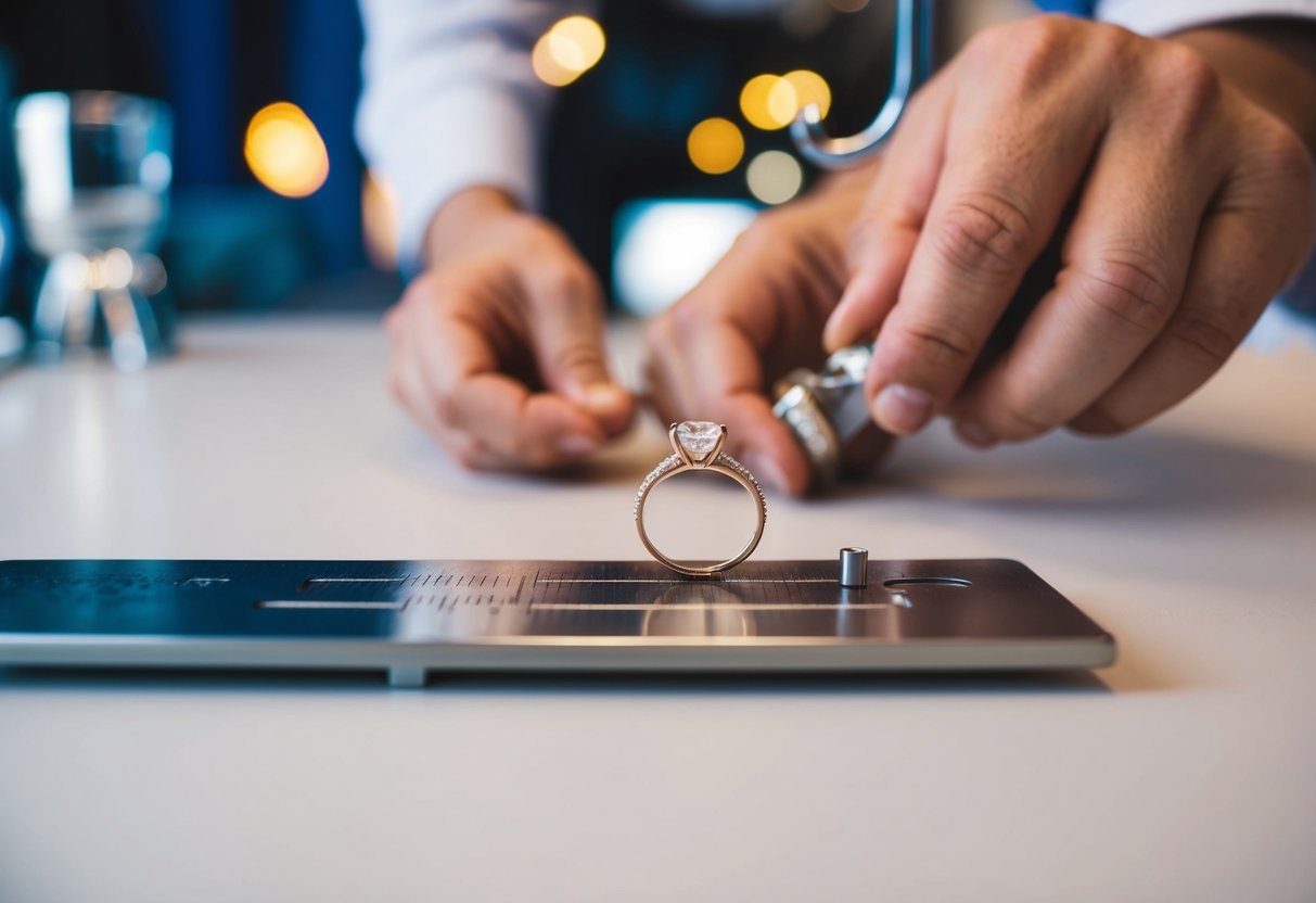 A jeweler measuring a wedding band against a sizing tool