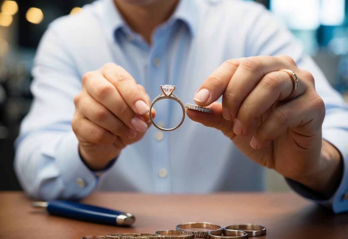 A jeweler holding a wedding band, comparing it to a ring sizer