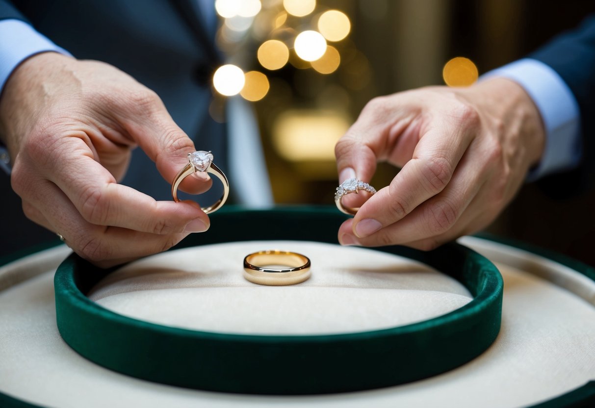 A jeweler comparing a slightly larger and slightly smaller wedding band on a velvet display tray