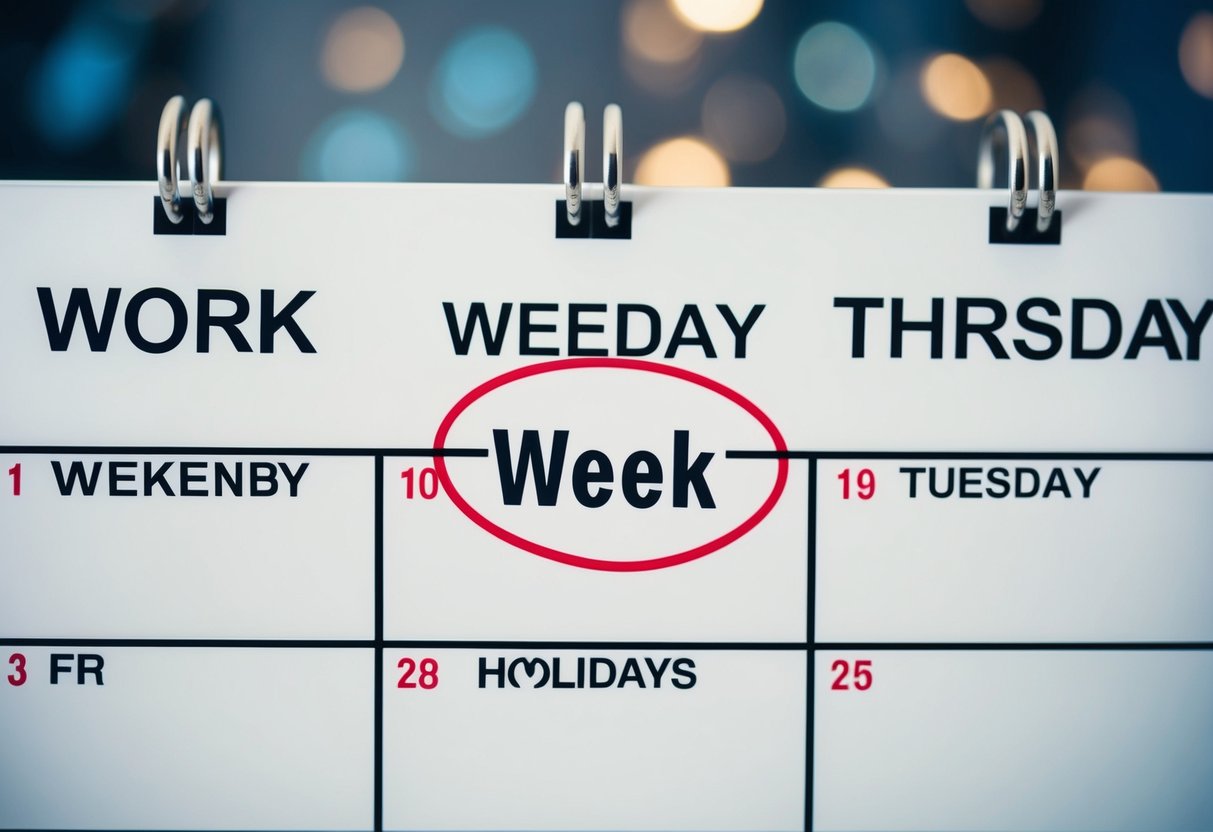 A calendar with a circled date in the middle of the work week, surrounded by crossed-out dates on weekends and holidays