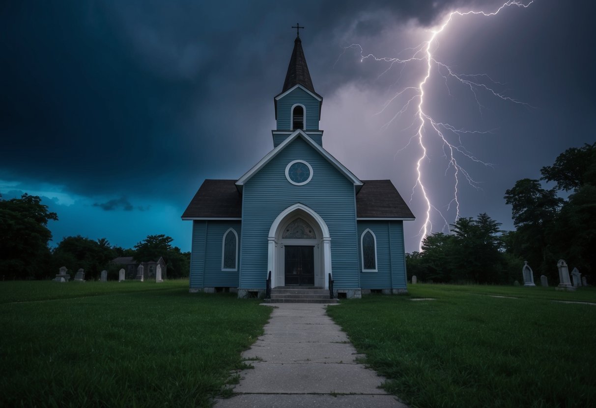 A dark and stormy night at an abandoned church, with lightning striking in the background