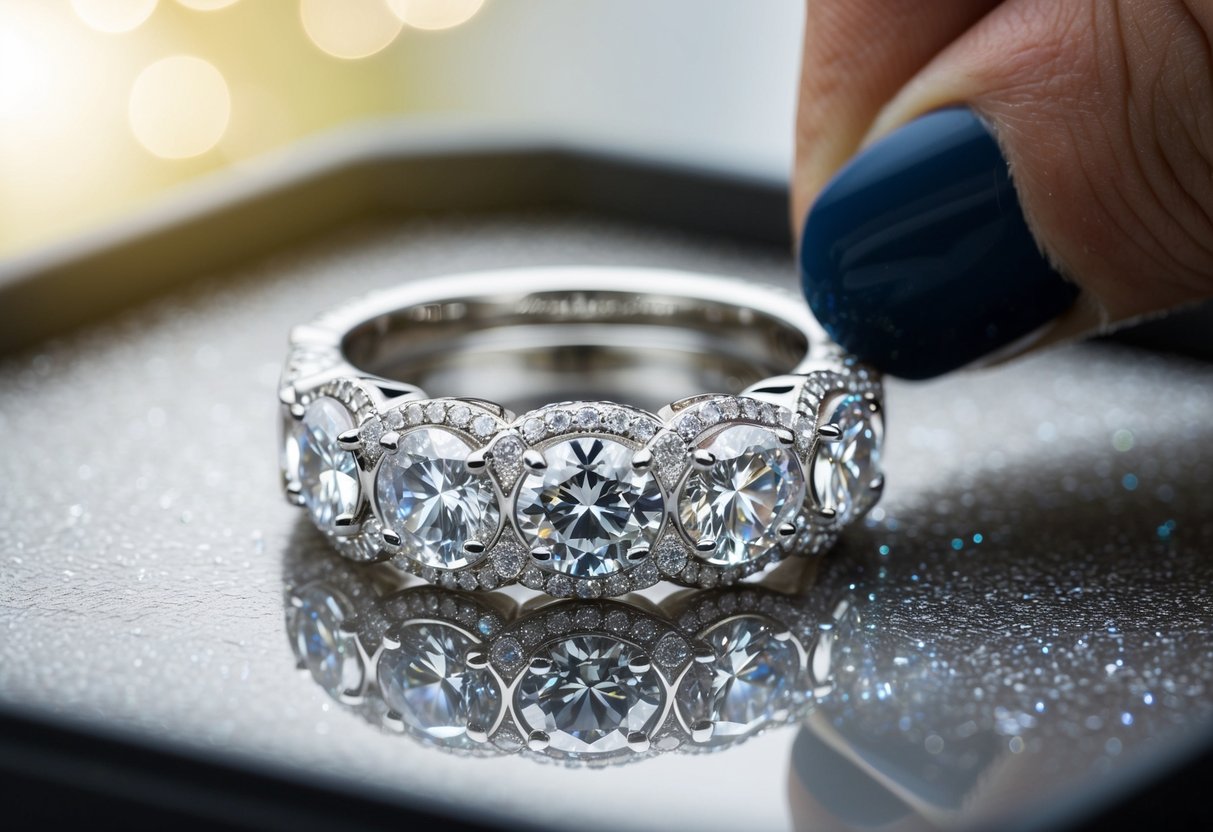 A jeweler carefully selects and sets rare, flawless diamonds into a shimmering, intricately designed wedding band, reflecting the light with unparalleled brilliance