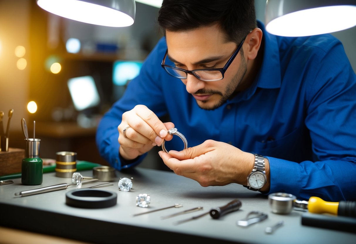 A jeweler carefully examining a wedding band under bright lights, surrounded by various tools and gemstones